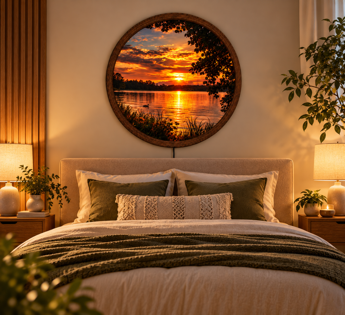 Sunset Lake LED Wall Art, Golden Sunset Round Wall Light, Peaceful Lake Landscape Decor, Illuminated Nature Wall Art, Cozy Bedroom Decor