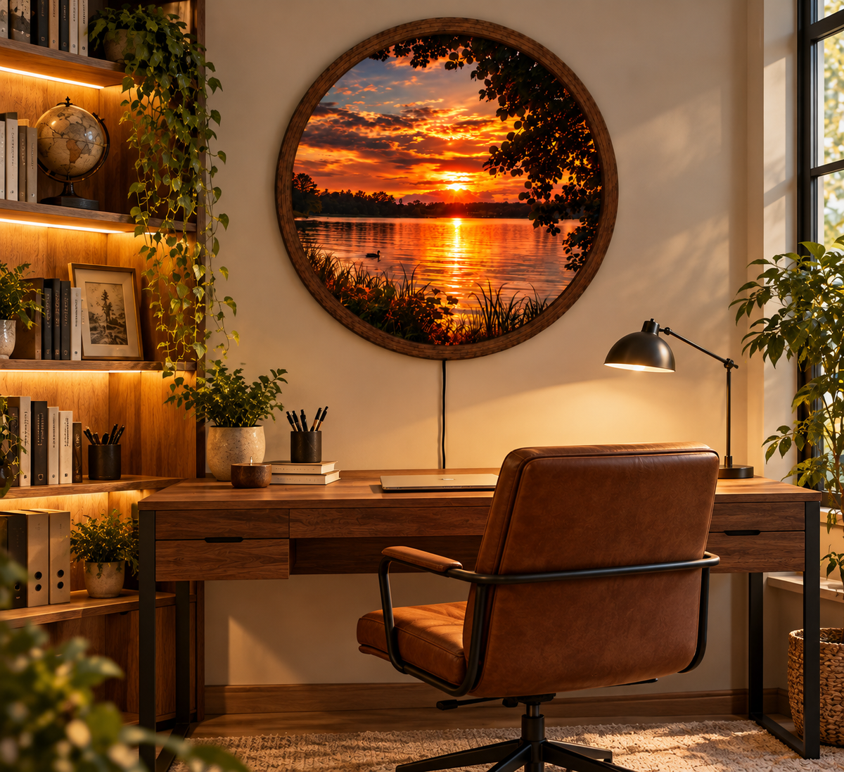 Sunset Lake LED Wall Art, Golden Sunset Round Wall Light, Peaceful Lake Landscape Decor, Illuminated Nature Wall Art, Cozy Bedroom Decor