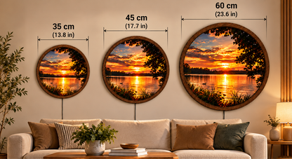 Sunset Lake LED Wall Art, Golden Sunset Round Wall Light, Peaceful Lake Landscape Decor, Illuminated Nature Wall Art, Cozy Bedroom Decor