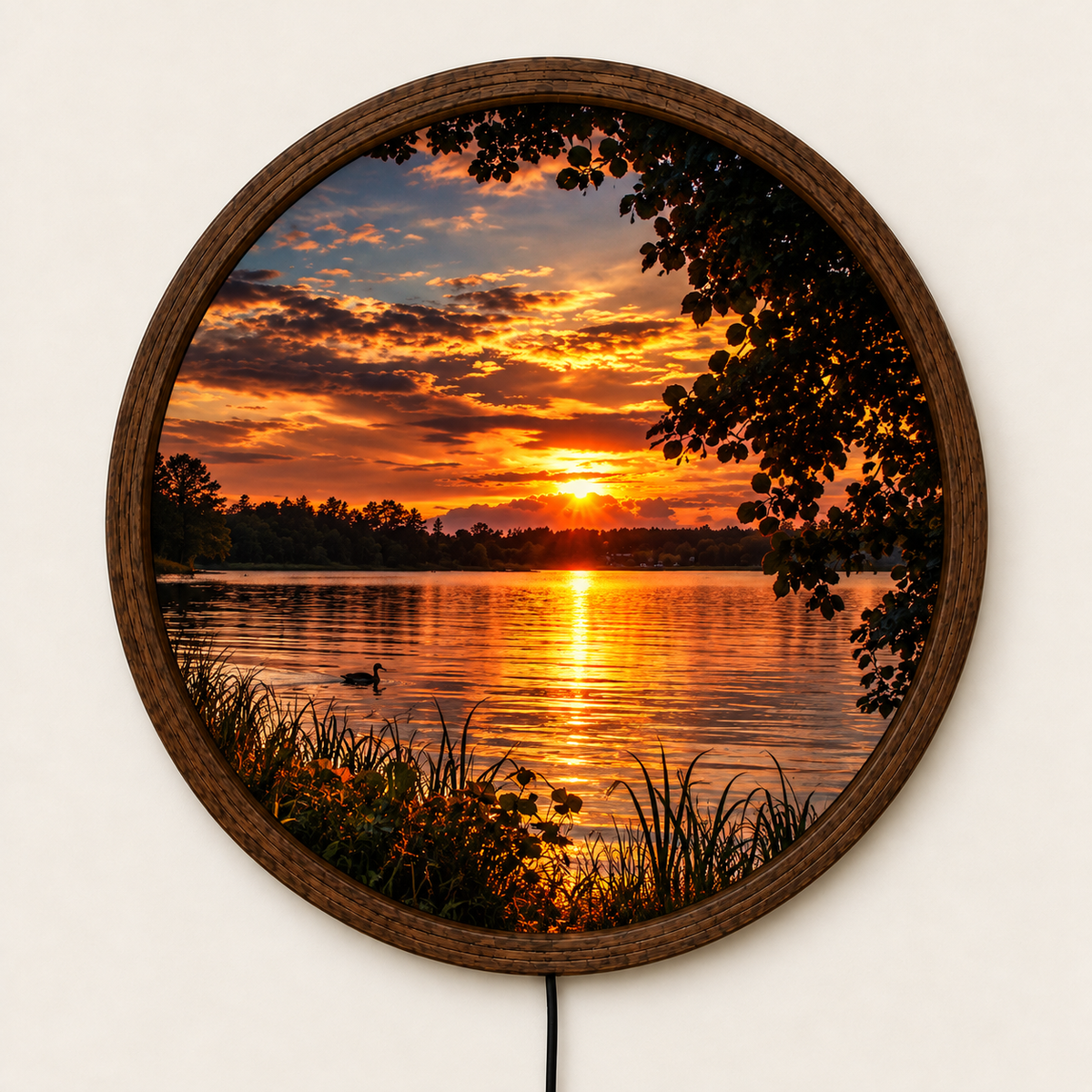 Sunset Lake LED Wall Art, Golden Sunset Round Wall Light, Peaceful Lake Landscape Decor, Illuminated Nature Wall Art, Cozy Bedroom Decor