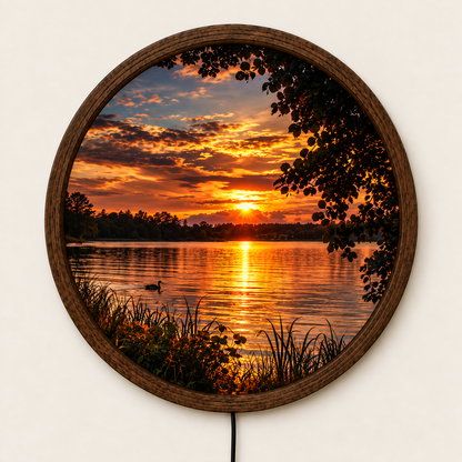 Sunset Lake LED Wall Art, Golden Sunset Round Wall Light, Peaceful Lake Landscape Decor, Illuminated Nature Wall Art, Cozy Bedroom Decor