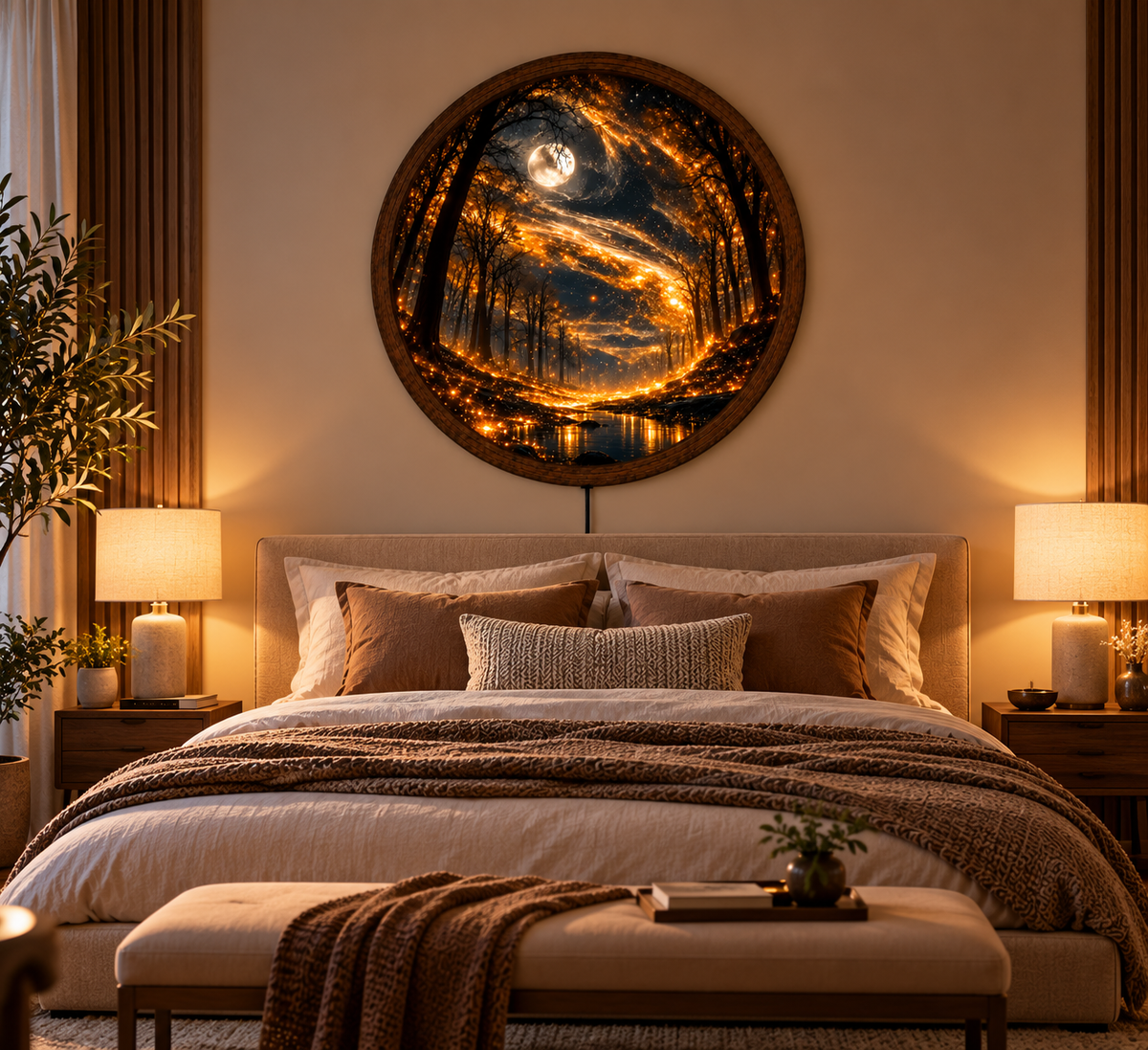 Enchanted Forest LED Wall Art, Glowing Golden Fireflies Round Wall Light, Magical Moonlit Woodland Decor, Fantasy Bedroom Wall Art