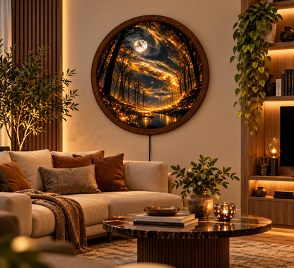 Enchanted Forest LED Wall Art, Glowing Golden Fireflies Round Wall Light, Magical Moonlit Woodland Decor, Fantasy Bedroom Wall Art