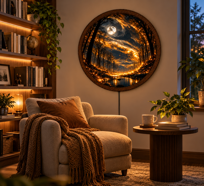 Enchanted Forest LED Wall Art, Glowing Golden Fireflies Round Wall Light, Magical Moonlit Woodland Decor, Fantasy Bedroom Wall Art