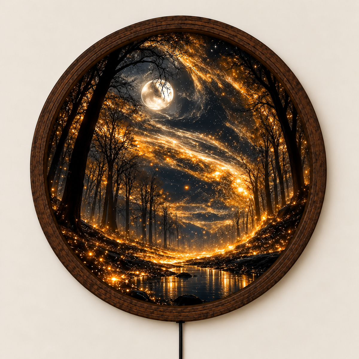 Enchanted Forest LED Wall Art, Glowing Golden Fireflies Round Wall Light, Magical Moonlit Woodland Decor, Fantasy Bedroom Wall Art