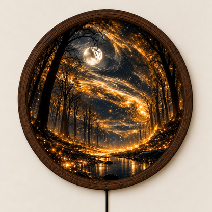 Enchanted Forest LED Wall Art, Glowing Golden Fireflies Round Wall Light, Magical Moonlit Woodland Decor, Fantasy Bedroom Wall Art