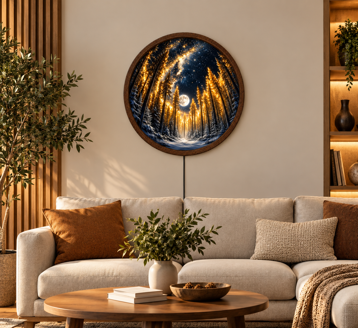 Magical Moonlit Forest LED Wall Art, Glowing Winter Pine Trees, Round Illuminated Wall Decor, Starry Night Forest Light, Cozy Bedroom Decor