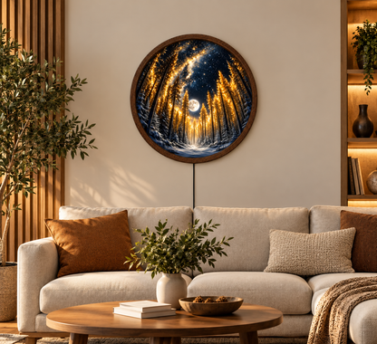 Magical Moonlit Forest LED Wall Art, Glowing Winter Pine Trees, Round Illuminated Wall Decor, Starry Night Forest Light, Cozy Bedroom Decor