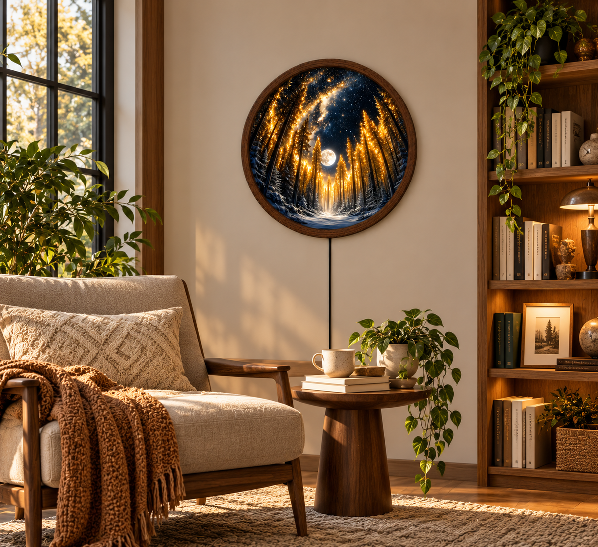 Magical Moonlit Forest LED Wall Art, Glowing Winter Pine Trees, Round Illuminated Wall Decor, Starry Night Forest Light, Cozy Bedroom Decor