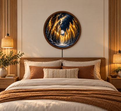 Magical Moonlit Forest LED Wall Art, Glowing Winter Pine Trees, Round Illuminated Wall Decor, Starry Night Forest Light, Cozy Bedroom Decor