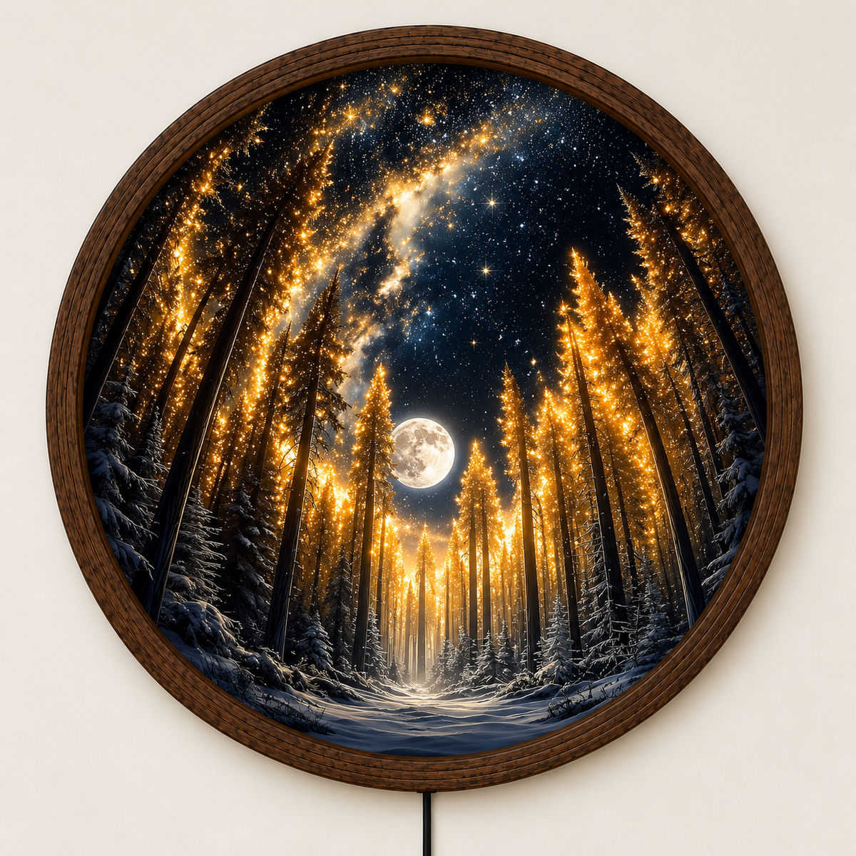 Magical Moonlit Forest LED Wall Art, Glowing Winter Pine Trees, Round Illuminated Wall Decor, Starry Night Forest Light, Cozy Bedroom Decor