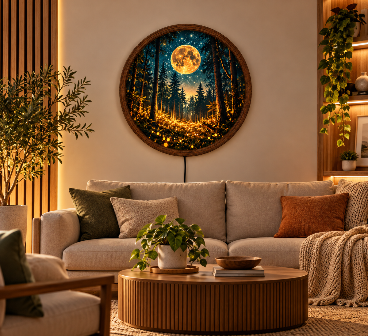 Magical Moonlit Forest LED Wall Art, Glowing Firefly Woodland Scene, Round Illuminated Wall Decor, Golden Moon Night Light, Bedroom Decor