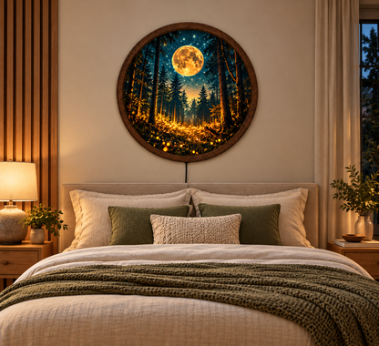Magical Moonlit Forest LED Wall Art, Glowing Firefly Woodland Scene, Round Illuminated Wall Decor, Golden Moon Night Light, Bedroom Decor