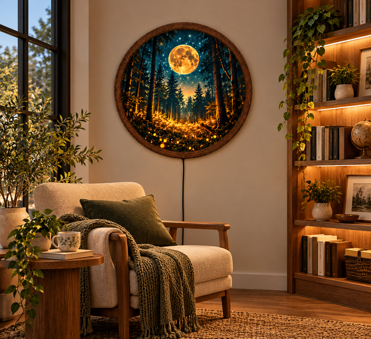 Magical Moonlit Forest LED Wall Art, Glowing Firefly Woodland Scene, Round Illuminated Wall Decor, Golden Moon Night Light, Bedroom Decor