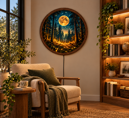 Magical Moonlit Forest LED Wall Art, Glowing Firefly Woodland Scene, Round Illuminated Wall Decor, Golden Moon Night Light, Bedroom Decor