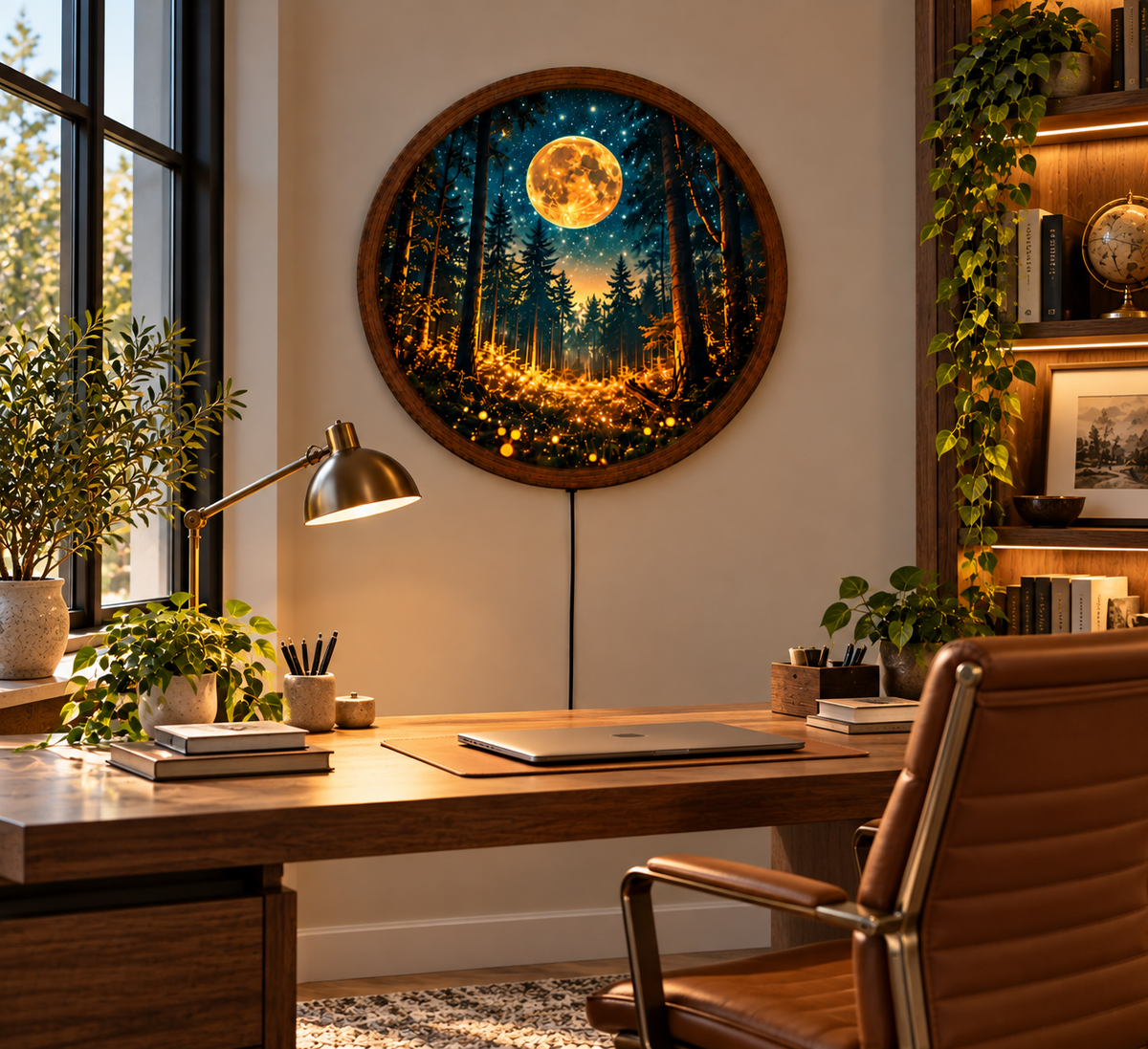 Magical Moonlit Forest LED Wall Art, Glowing Firefly Woodland Scene, Round Illuminated Wall Decor, Golden Moon Night Light, Bedroom Decor