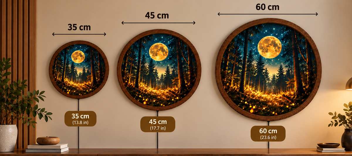 Magical Moonlit Forest LED Wall Art, Glowing Firefly Woodland Scene, Round Illuminated Wall Decor, Golden Moon Night Light, Bedroom Decor