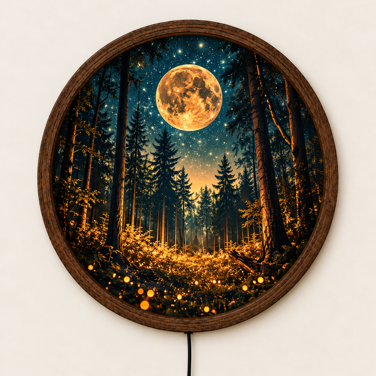 Magical Moonlit Forest LED Wall Art, Glowing Firefly Woodland Scene, Round Illuminated Wall Decor, Golden Moon Night Light, Bedroom Decor