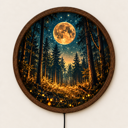 Magical Moonlit Forest LED Wall Art, Glowing Firefly Woodland Scene, Round Illuminated Wall Decor, Golden Moon Night Light, Bedroom Decor