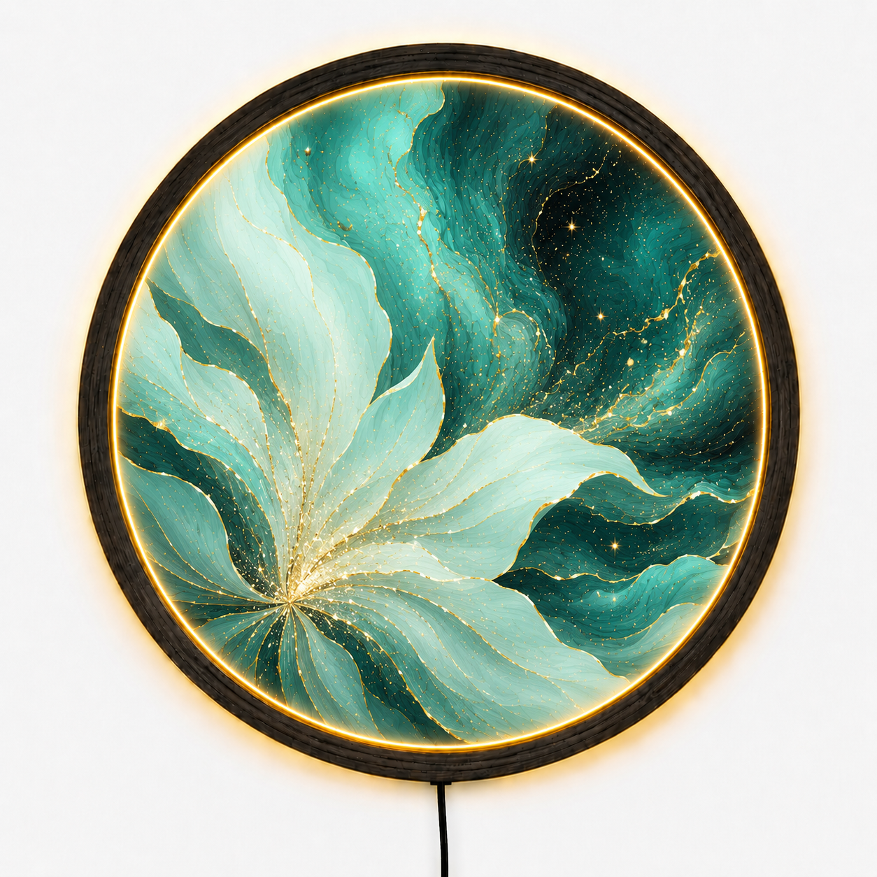 Mint Flower LED Wall Art, Round Botanical Light, Acrylic Wall Decor Gift