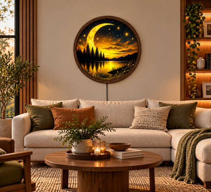 Golden Crescent Moon LED Wall Art, Glowing Starry Night Lake Landscape, Round Illuminated Forest Wall Decor, Fantasy Bedroom Light