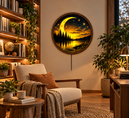 Golden Crescent Moon LED Wall Art, Glowing Starry Night Lake Landscape, Round Illuminated Forest Wall Decor, Fantasy Bedroom Light