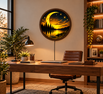 Golden Crescent Moon LED Wall Art, Glowing Starry Night Lake Landscape, Round Illuminated Forest Wall Decor, Fantasy Bedroom Light