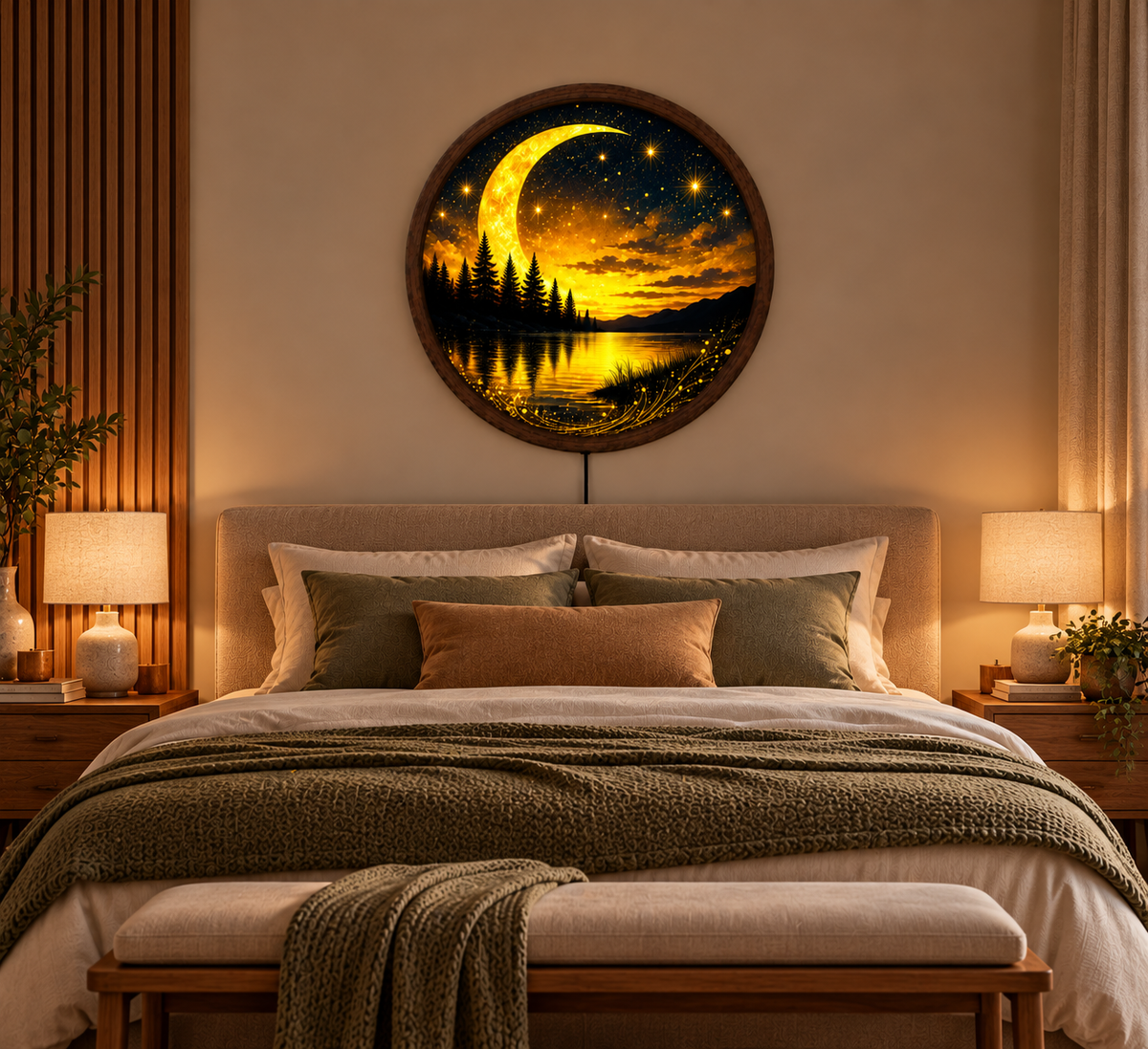 Golden Crescent Moon LED Wall Art, Glowing Starry Night Lake Landscape, Round Illuminated Forest Wall Decor, Fantasy Bedroom Light