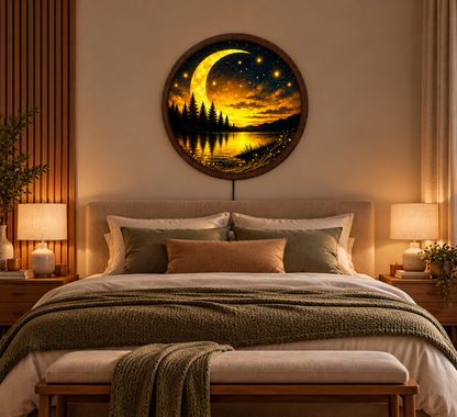 Golden Crescent Moon LED Wall Art, Glowing Starry Night Lake Landscape, Round Illuminated Forest Wall Decor, Fantasy Bedroom Light