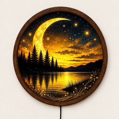 Golden Crescent Moon LED Wall Art, Glowing Starry Night Lake Landscape, Round Illuminated Forest Wall Decor, Fantasy Bedroom Light