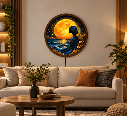 Golden Moon Goddess LED Wall Art, Mystical Woman by the Ocean, Round Illuminated Celestial Wall Decor, Fantasy Bedroom Light