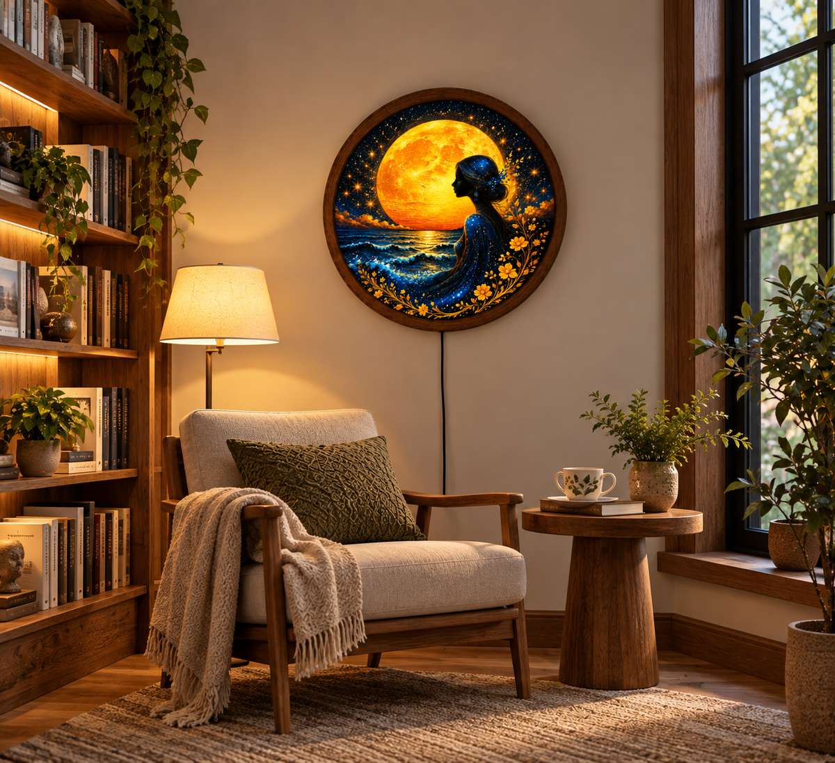 Golden Moon Goddess LED Wall Art, Mystical Woman by the Ocean, Round Illuminated Celestial Wall Decor, Fantasy Bedroom Light