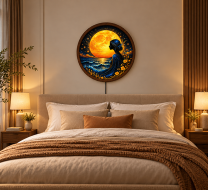 Golden Moon Goddess LED Wall Art, Mystical Woman by the Ocean, Round Illuminated Celestial Wall Decor, Fantasy Bedroom Light