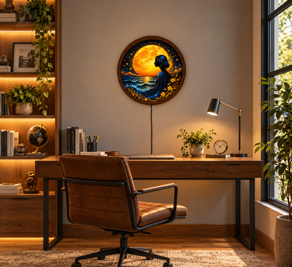 Golden Moon Goddess LED Wall Art, Mystical Woman by the Ocean, Round Illuminated Celestial Wall Decor, Fantasy Bedroom Light