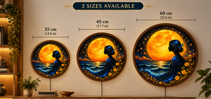 Golden Moon Goddess LED Wall Art, Mystical Woman by the Ocean, Round Illuminated Celestial Wall Decor, Fantasy Bedroom Light