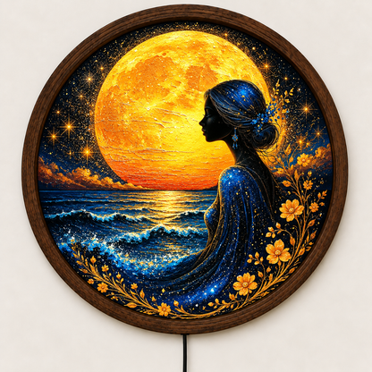 Golden Moon Goddess LED Wall Art, Mystical Woman by the Ocean, Round Illuminated Celestial Wall Decor, Fantasy Bedroom Light