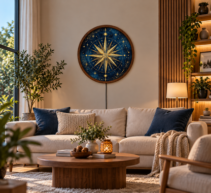 Golden Compass Rose LED Wall Art, Celestial Star Wall Light, Navy Blue Nautical Compass Decor, Round Illuminated Wall Lamp