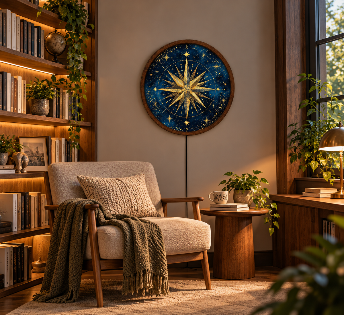 Golden Compass Rose LED Wall Art, Celestial Star Wall Light, Navy Blue Nautical Compass Decor, Round Illuminated Wall Lamp