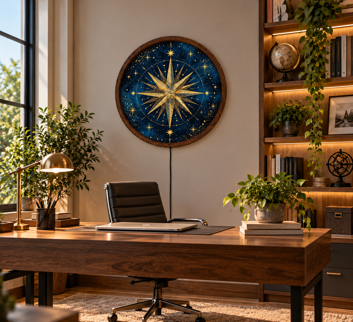 Golden Compass Rose LED Wall Art, Celestial Star Wall Light, Navy Blue Nautical Compass Decor, Round Illuminated Wall Lamp