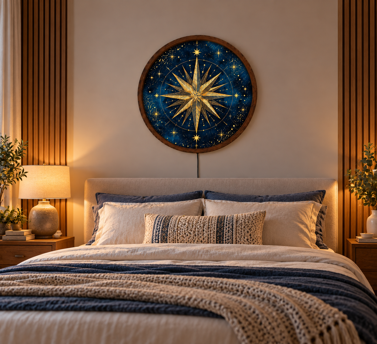 Golden Compass Rose LED Wall Art, Celestial Star Wall Light, Navy Blue Nautical Compass Decor, Round Illuminated Wall Lamp