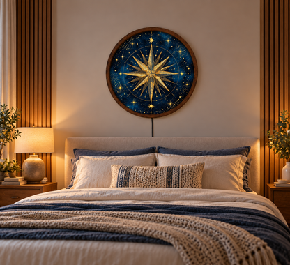 Golden Compass Rose LED Wall Art, Celestial Star Wall Light, Navy Blue Nautical Compass Decor, Round Illuminated Wall Lamp