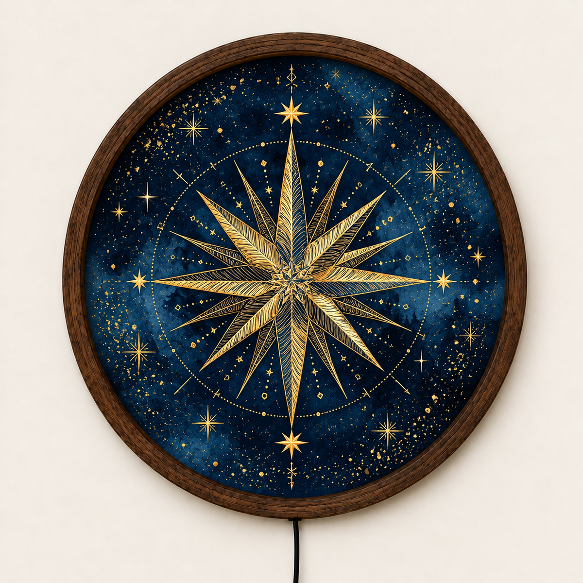 Golden Compass Rose LED Wall Art, Celestial Star Wall Light, Navy Blue Nautical Compass Decor, Round Illuminated Wall Lamp