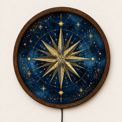Golden Compass Rose LED Wall Art, Celestial Star Wall Light, Navy Blue Nautical Compass Decor, Round Illuminated Wall Lamp