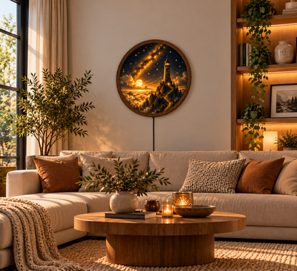 Fantasy Moonlit Castle LED Wall Art, Golden Starry Night Tower Light, Round Illuminated Celestial Decor, Bedroom Wall Lamp