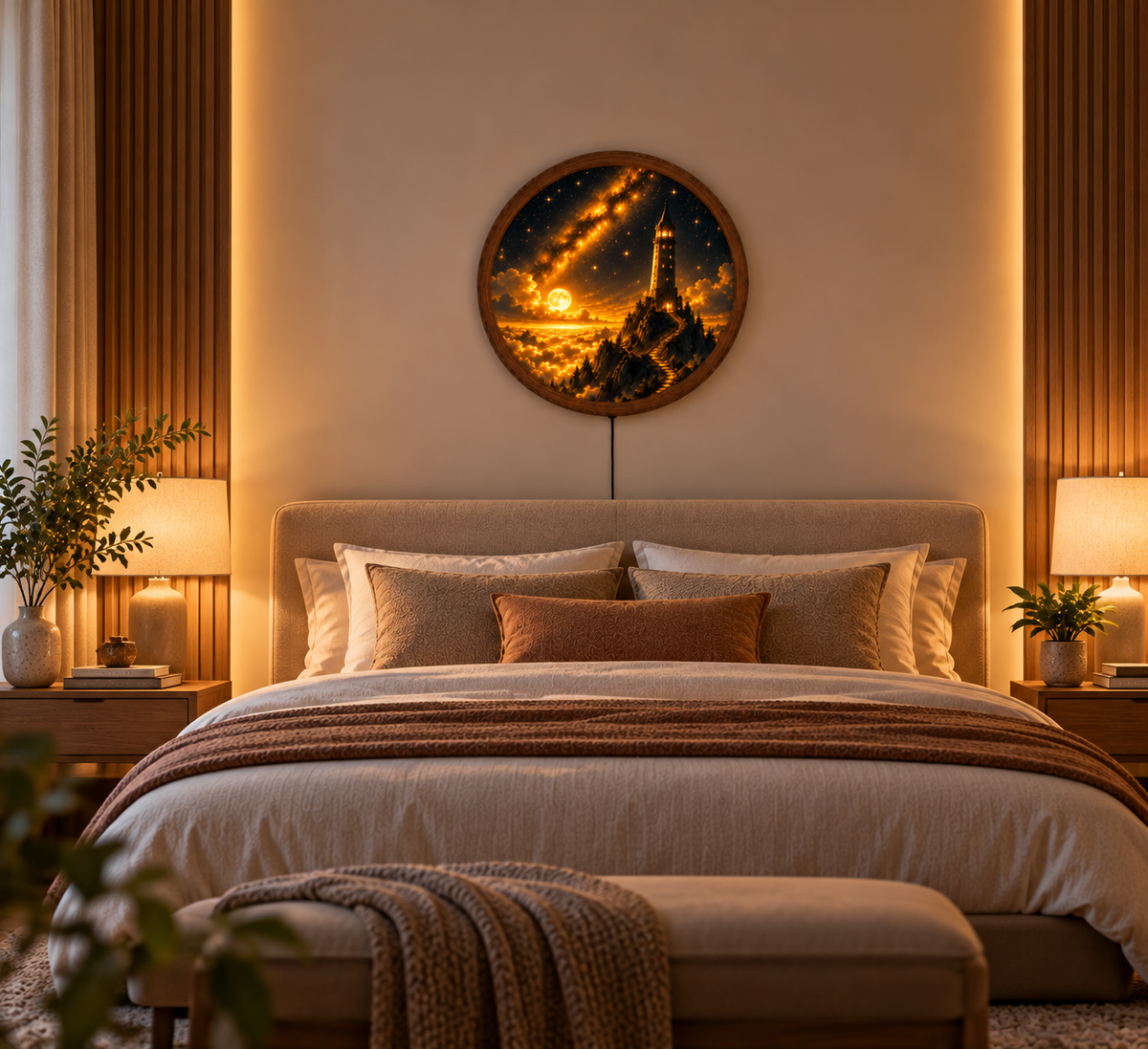 Fantasy Moonlit Castle LED Wall Art, Golden Starry Night Tower Light, Round Illuminated Celestial Decor, Bedroom Wall Lamp