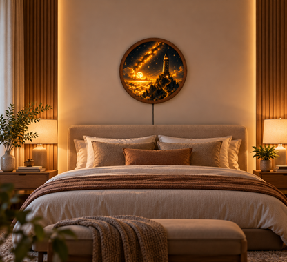 Fantasy Moonlit Castle LED Wall Art, Golden Starry Night Tower Light, Round Illuminated Celestial Decor, Bedroom Wall Lamp