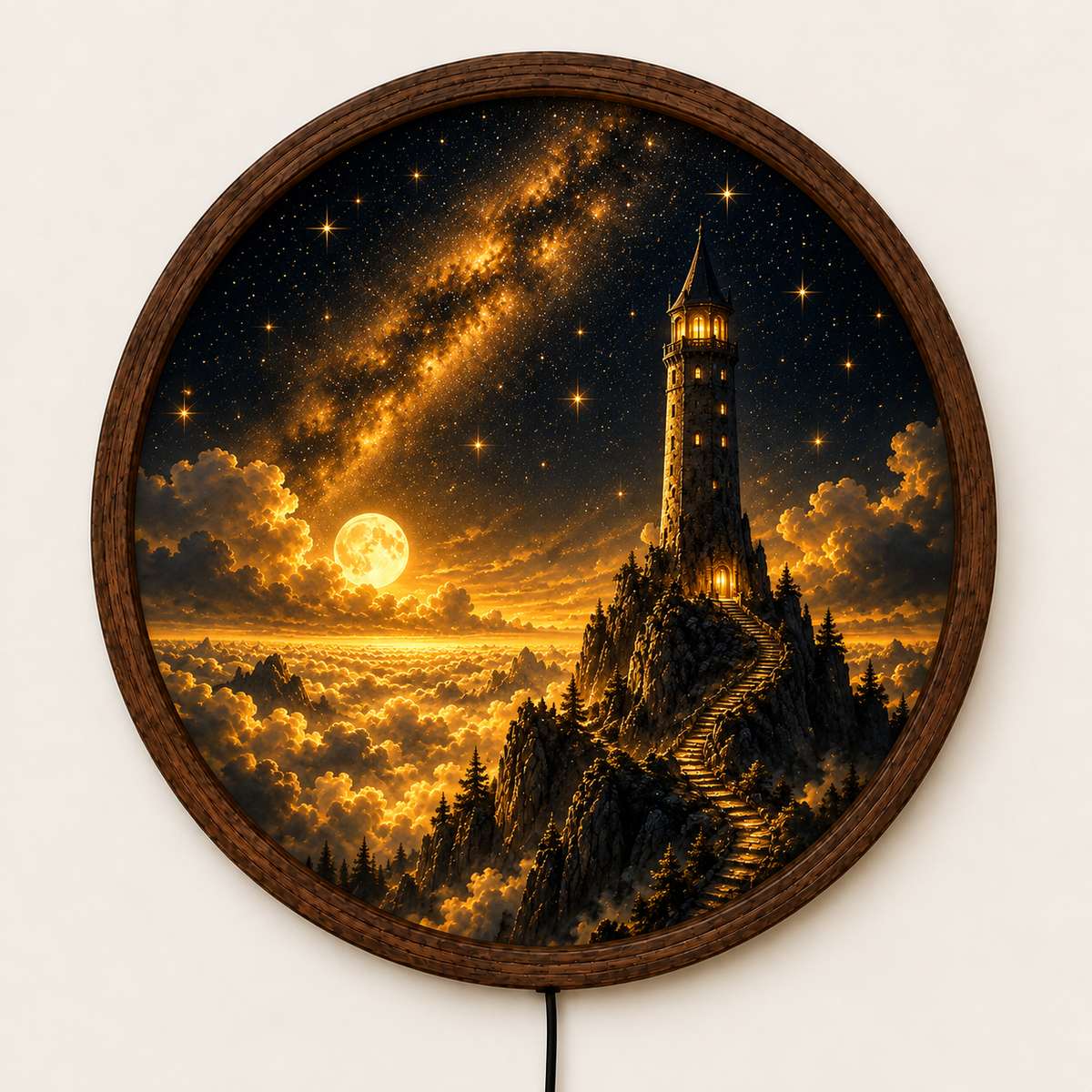 Fantasy Moonlit Castle LED Wall Art, Golden Starry Night Tower Light, Round Illuminated Celestial Decor, Bedroom Wall Lamp