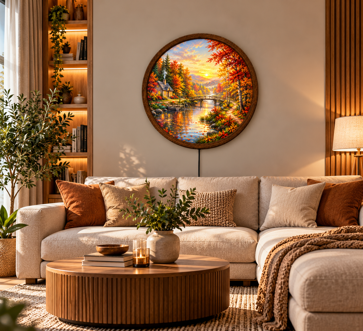 Autumn Cottage LED Wall Art, Fall Forest River Landscape Light, Round Illuminated Nature Decor, Cozy Cabin Wall Lamp, Fall Home Decor