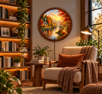 Autumn Cottage LED Wall Art, Fall Forest River Landscape Light, Round Illuminated Nature Decor, Cozy Cabin Wall Lamp, Fall Home Decor