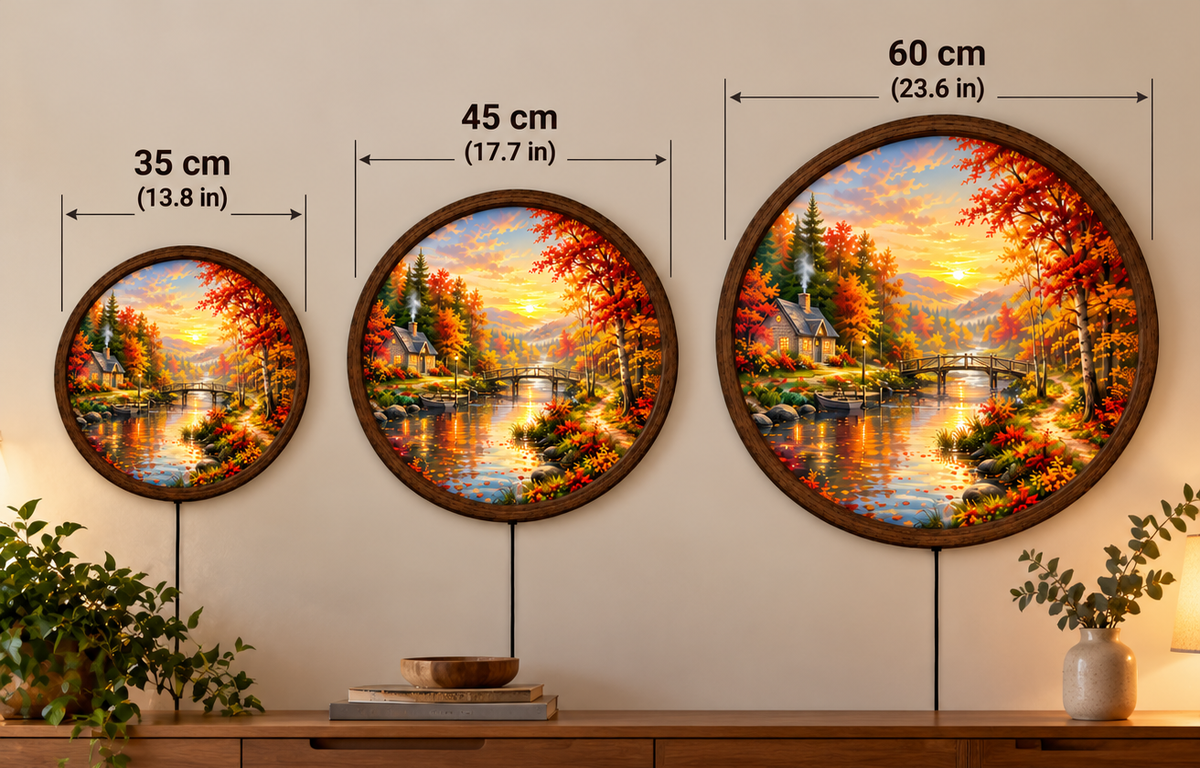 Autumn Cottage LED Wall Art, Fall Forest River Landscape Light, Round Illuminated Nature Decor, Cozy Cabin Wall Lamp, Fall Home Decor